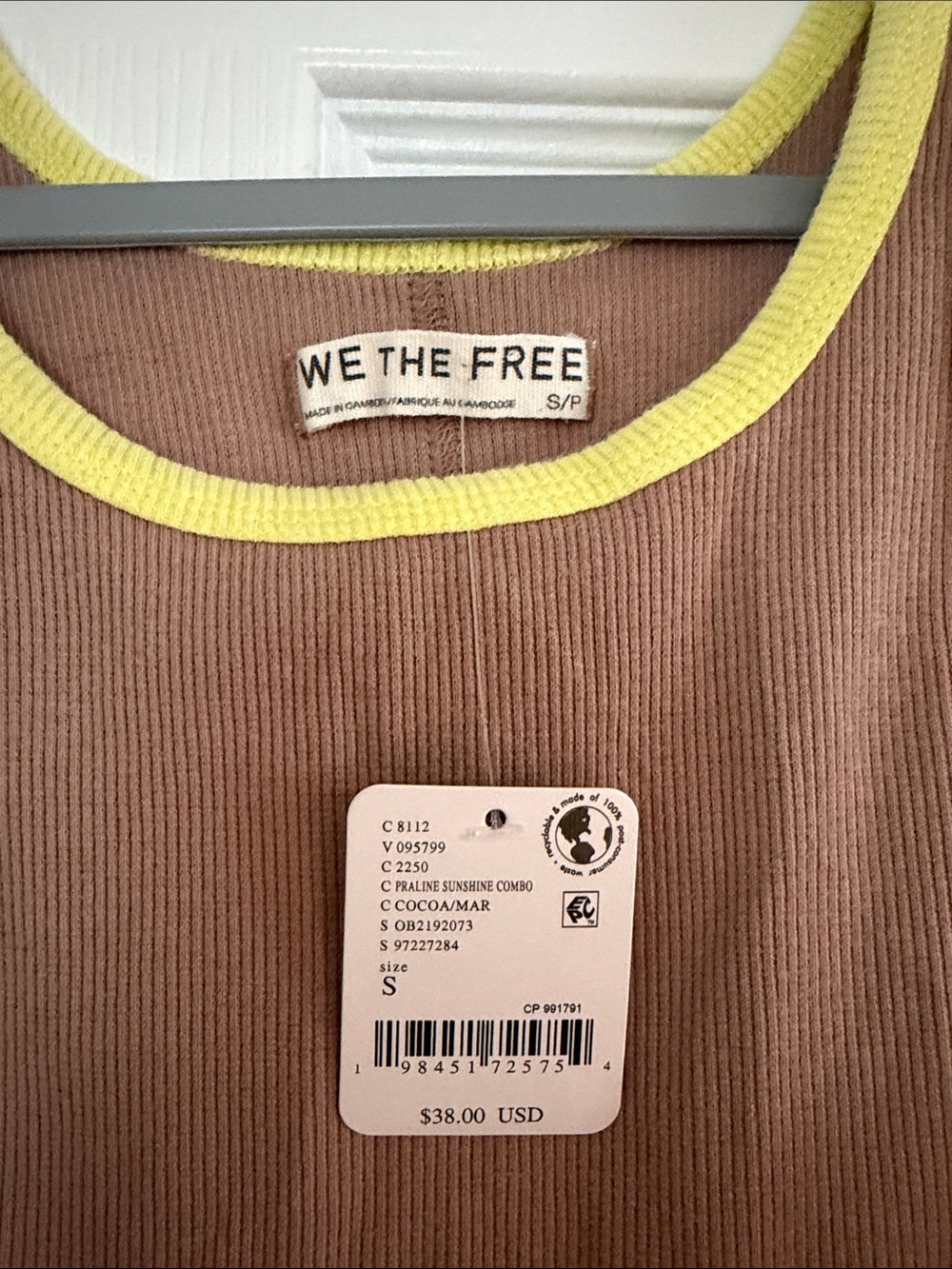 NWT We The Free (Free People) Brown Ribbed Tank with Yellow Trim - Picture 2 of 2